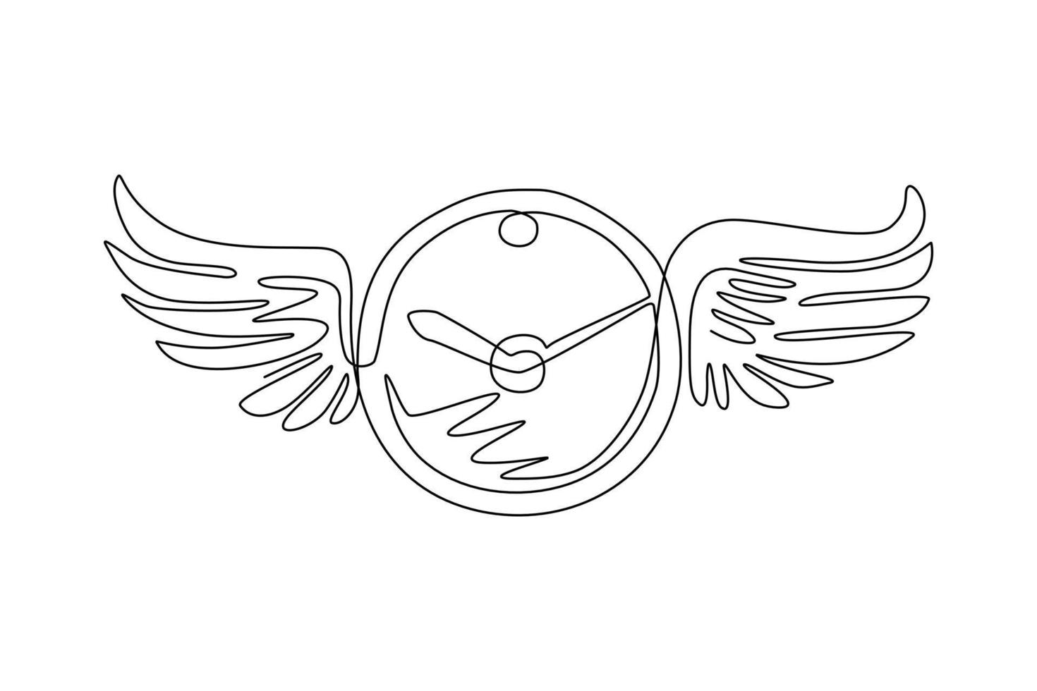 Single one line drawing clock with wings flying in the sky. Lost time concept. Time featuring winged clock flying in the sky. Time flies. Modern continuous line draw design graphic vector illustration