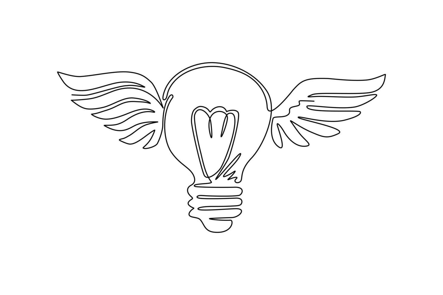 Continuous one line drawing flying bulbs with wings. Flat icon isolated. Imagination, fantasy icon. Knowhow sign. New business idea. Invention logo. Single line draw design vector graphic illustration