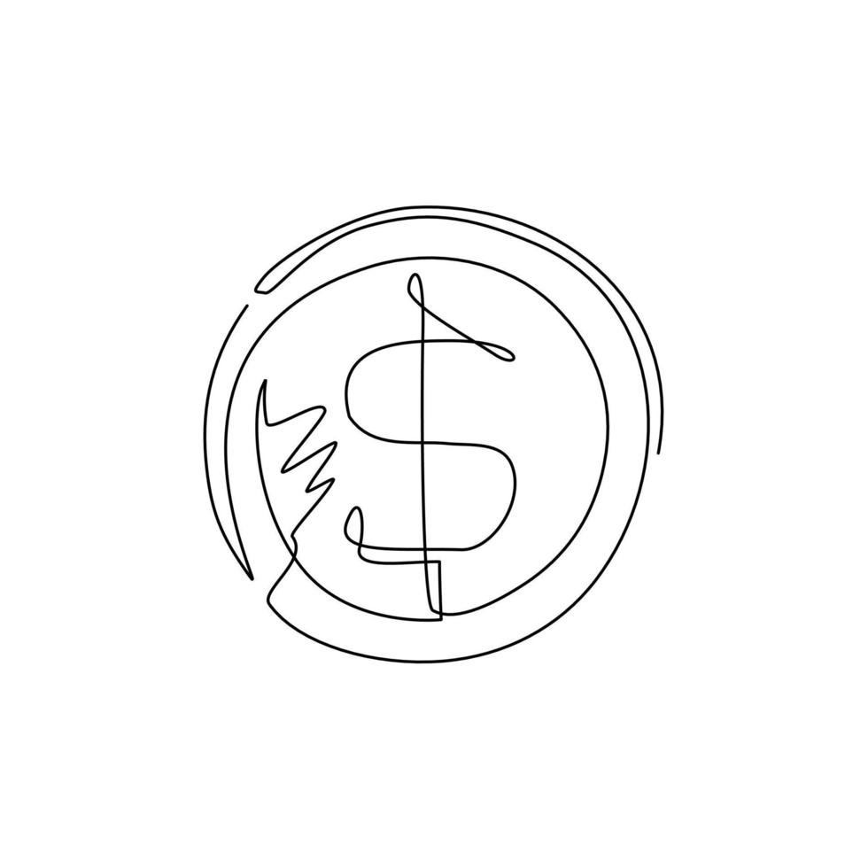 Single one line drawing coin flat icon. Dollar coin. Coin with dollar sign. Money symbol. American currency. Saving investment concept. Modern continuous line draw design graphic vector illustration