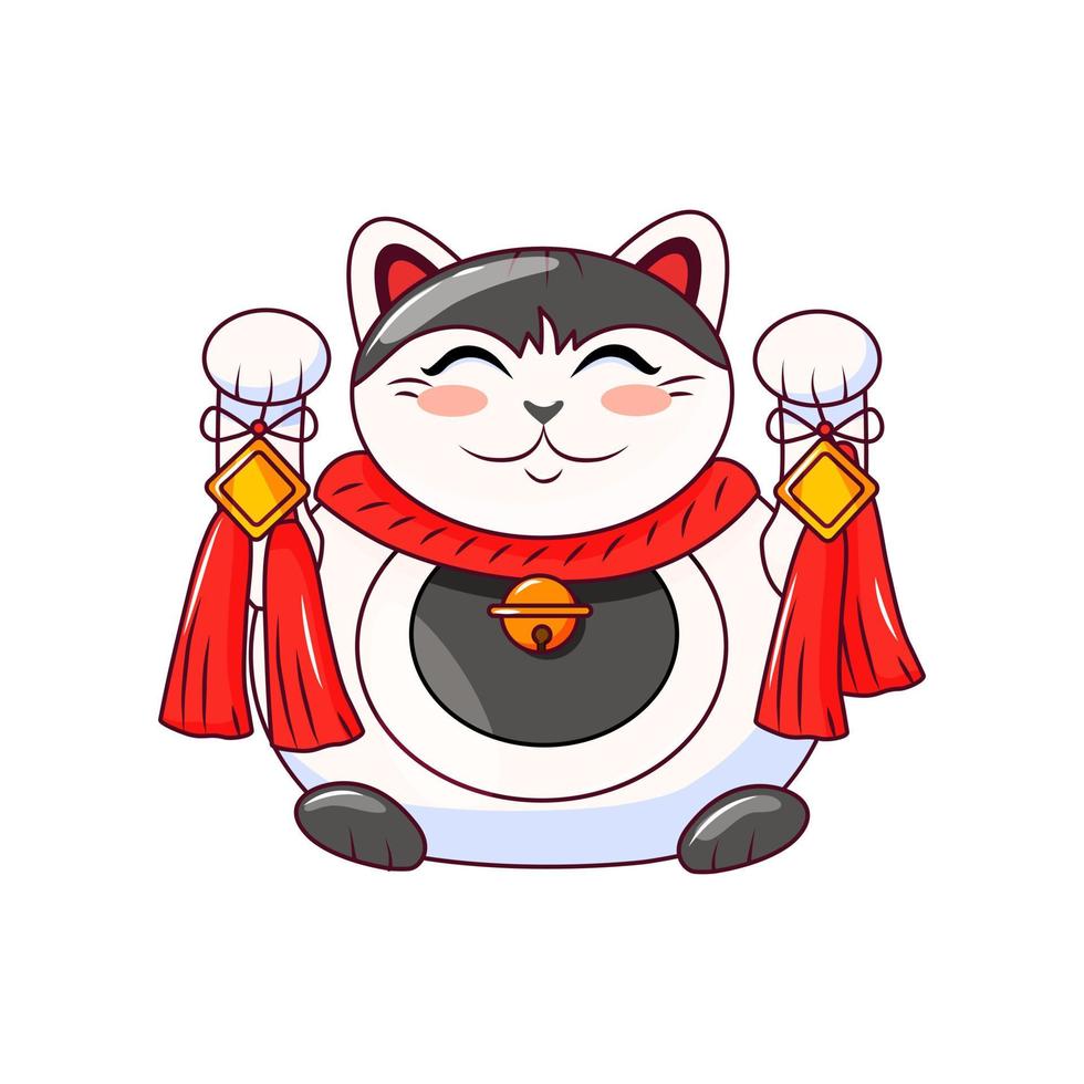 Maneki Neko is a Japanese cat with raised paws and a bag of money. Symbol of luck and wealth. Vector cartoon illustration on a white isolated background