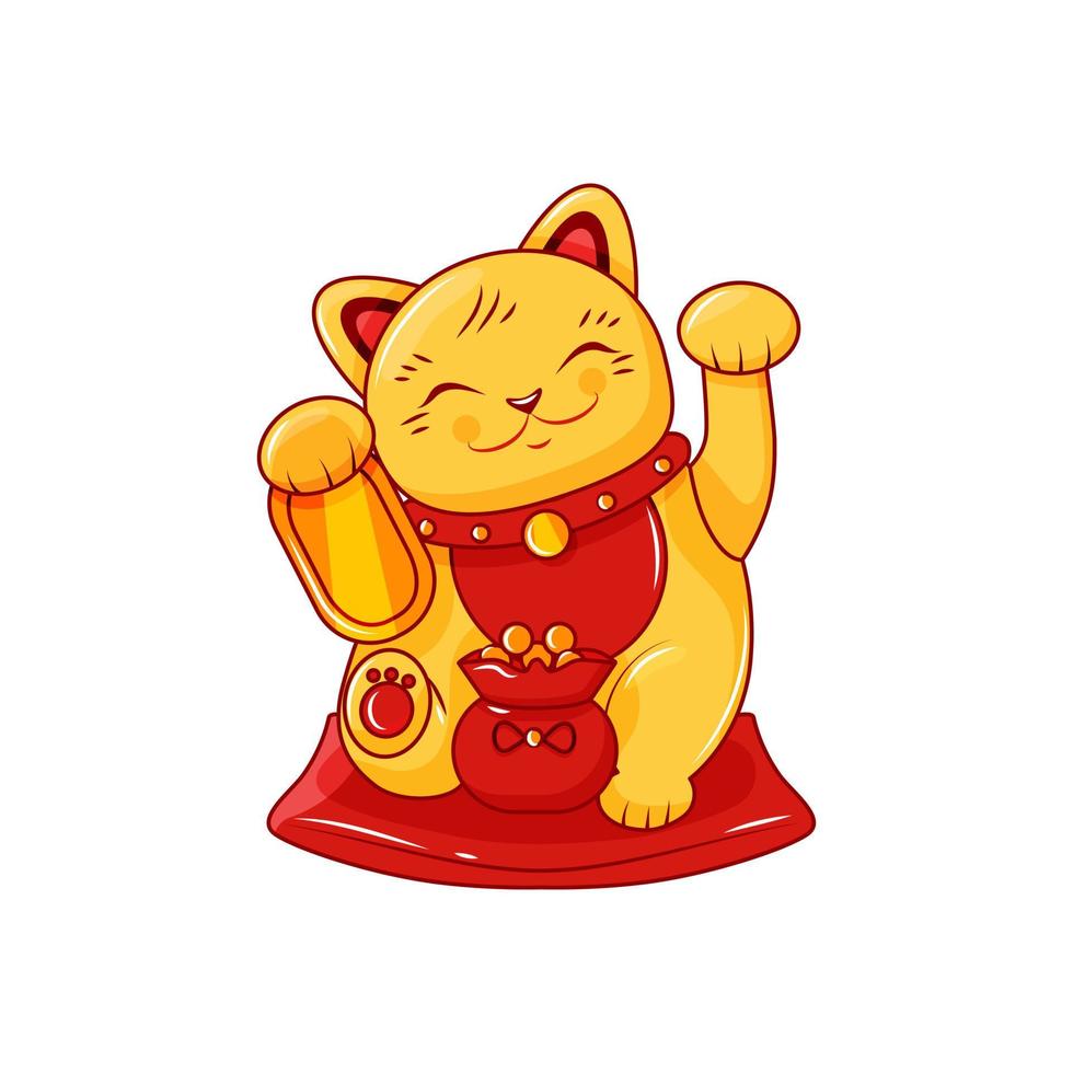 Golden Japanese cat maneki neko with a raised paw and a bag of money. Symbol of luck and wealth. Vector cartoon illustration on a white isolated background