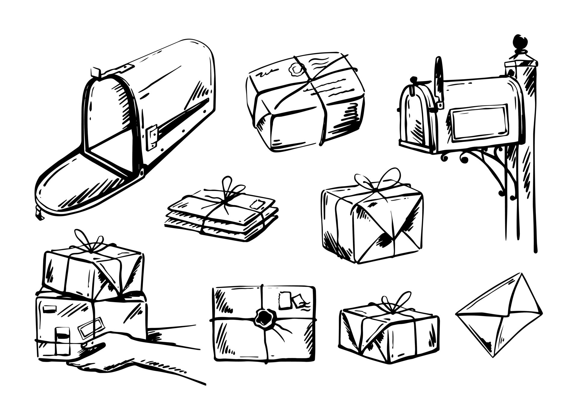 Vintage American mailbox, parcels, letters, postal service in sketch