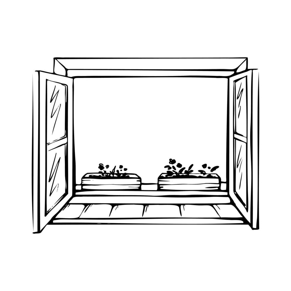 Open window and flowers sketch. Interior of room from inside. Vector hand-drawn illustration