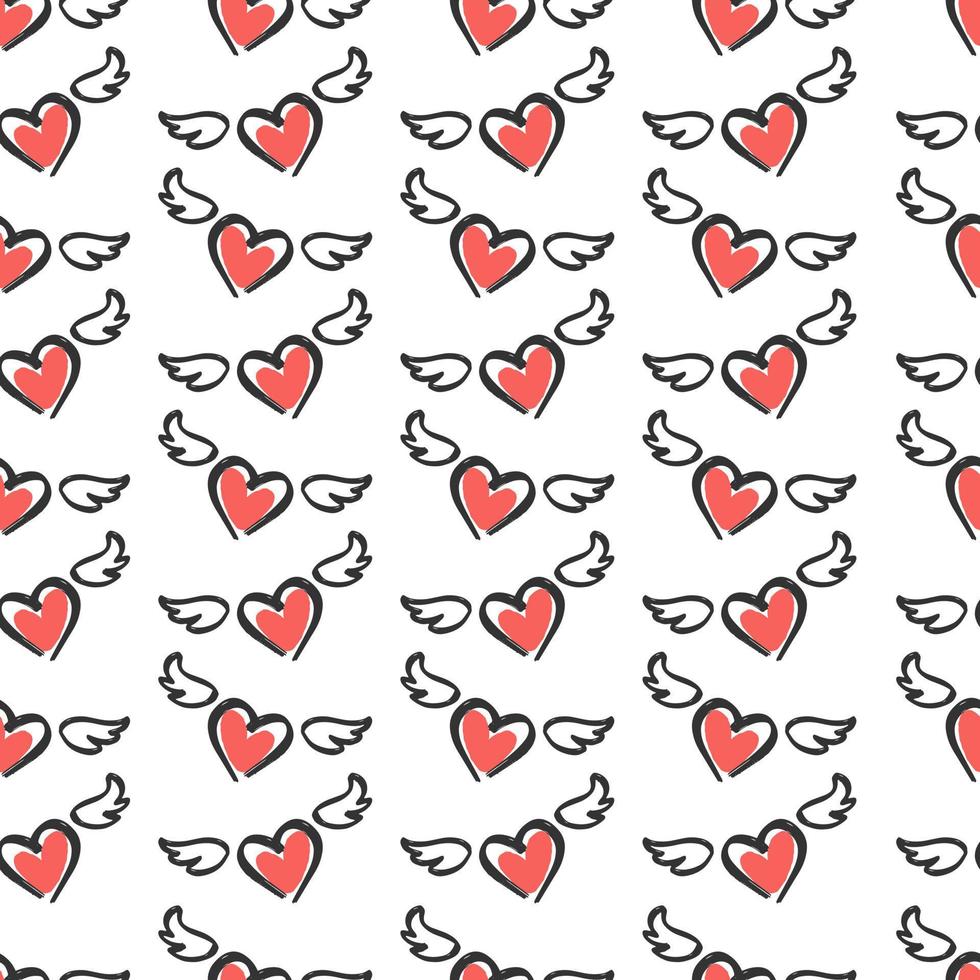 Heart with wings seamless pattern. Symbol of love. Holiday background. Vector hand-drawn illustration.