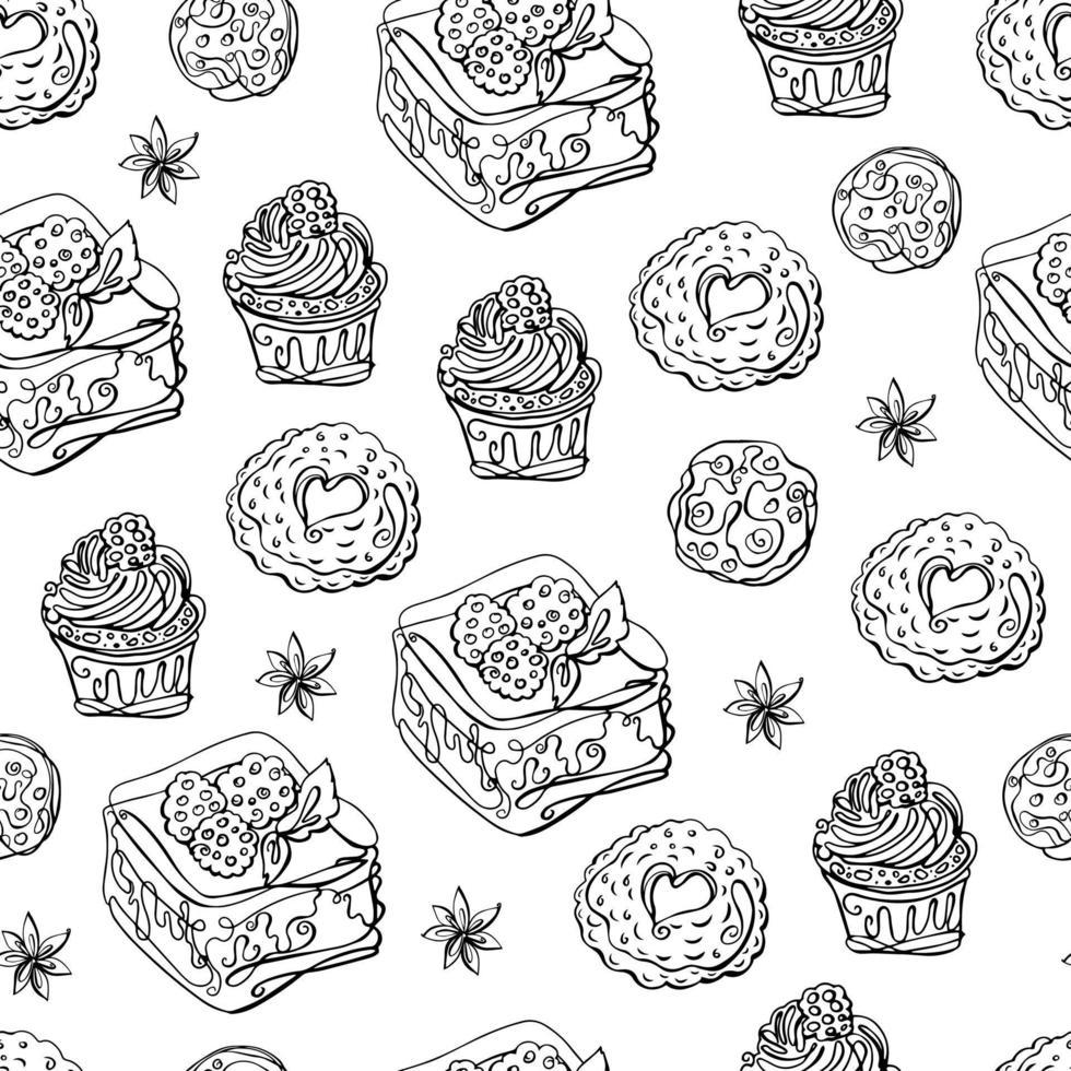 Various desserts seamless pattern. Decor of the restaurant menu. Vector hand-drawn background.