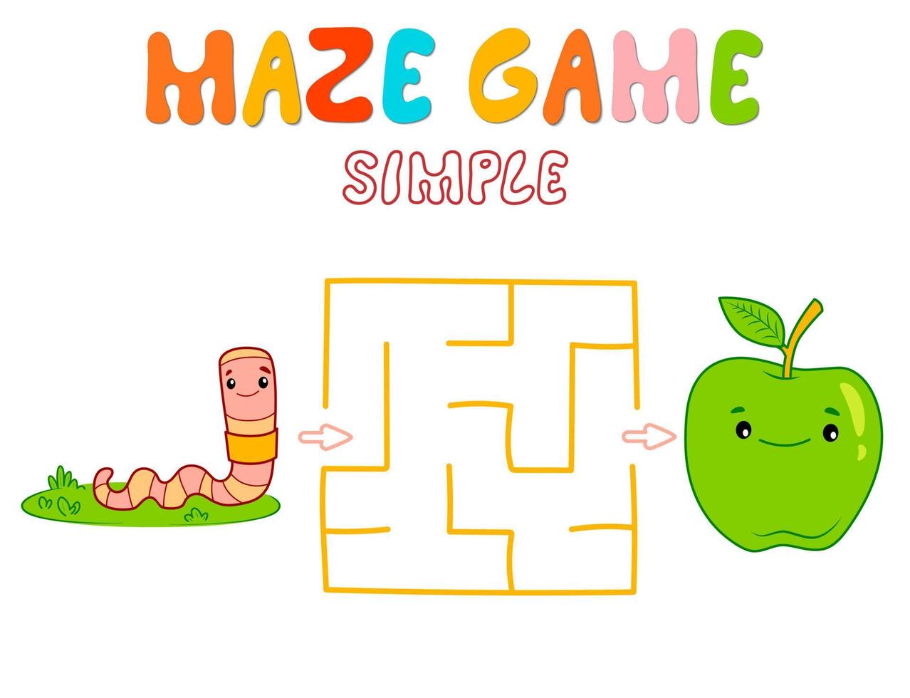 Simple Maze puzzle game for children. Color simple maze or labyrinth game with worm. vector