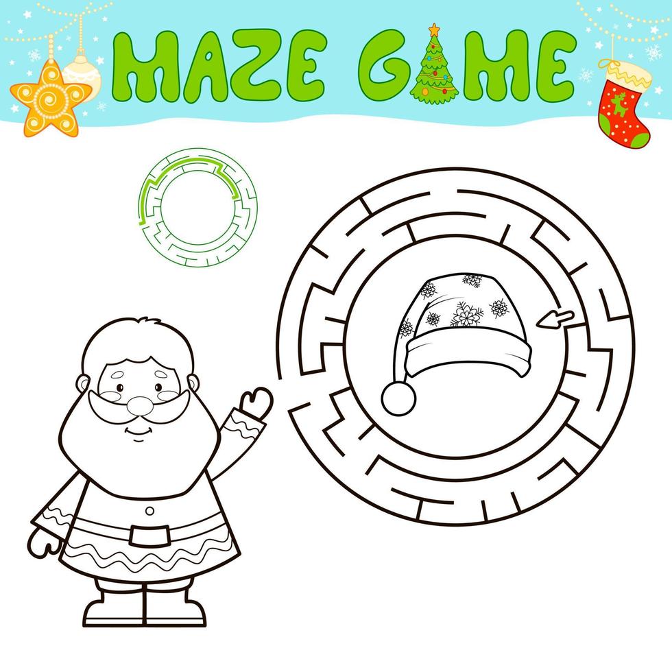 Juego de rompecabezas de laberinto en blanco y negro de Navidad para niños. esquema círculo laberinto o juego de laberinto con santa claus. vector