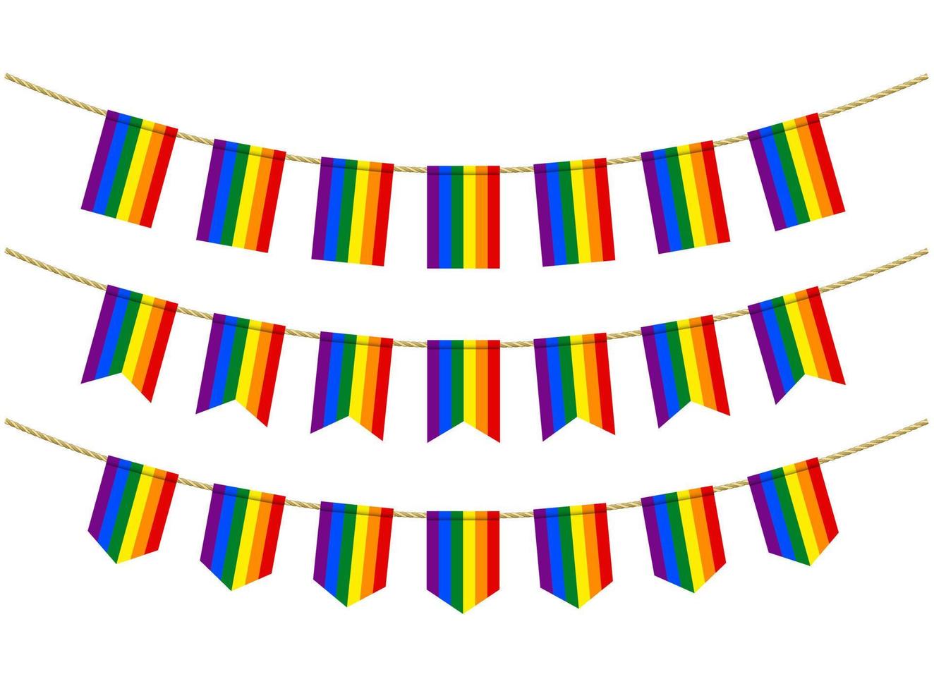 banderas del arco iris para decoración sobre fondo blanco. empavesado de banderas lgbt en las cuerdas vector