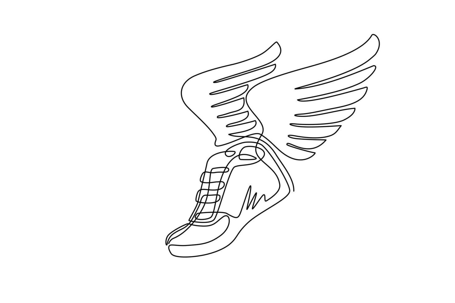 Continuous one line drawing running shoes with wings isolated. Stylized, minimalistic vintage design template element for print, label, badge or other symbol. Single line draw design vector graphic