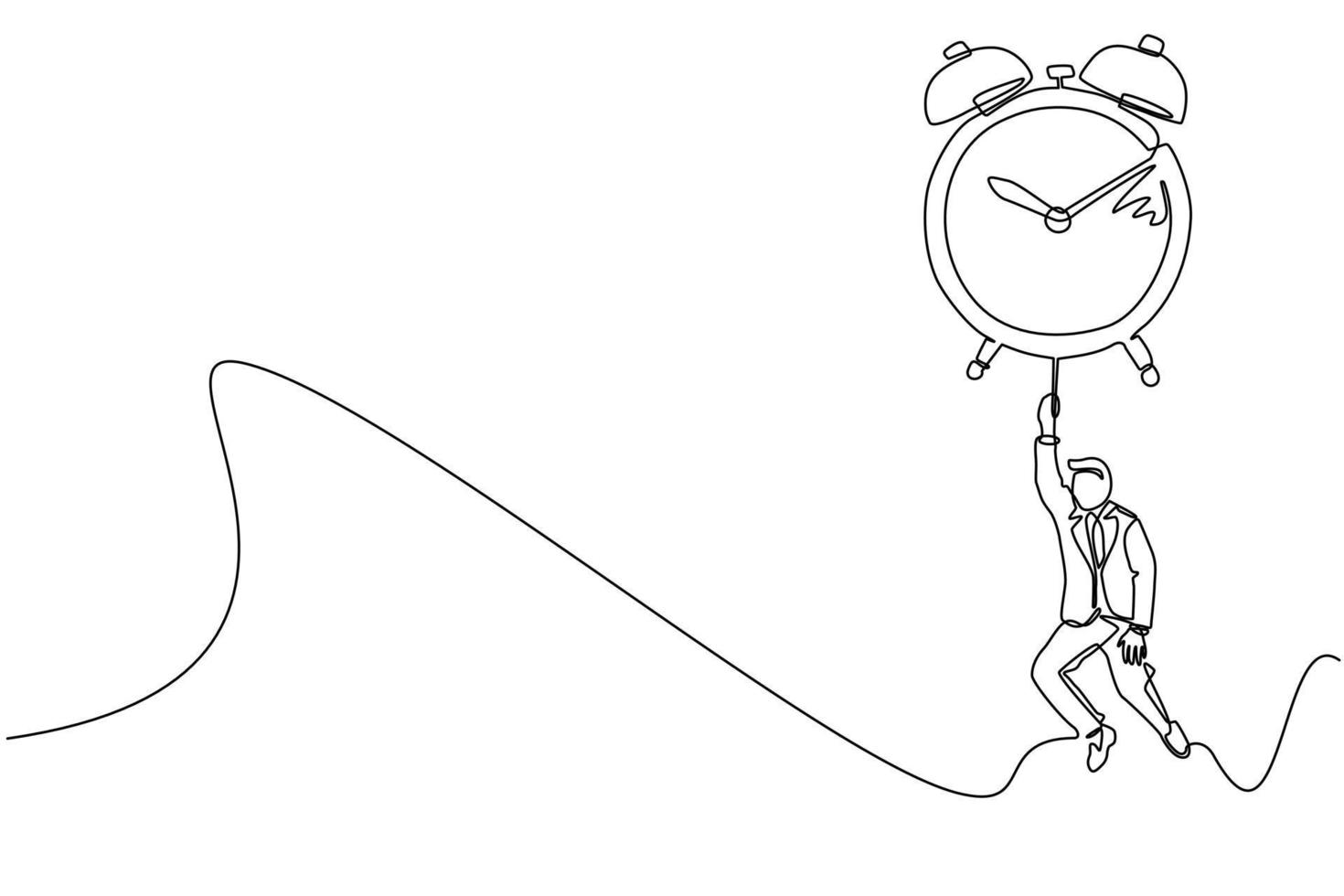 Continuous one line drawing happy businessman, manager or employee flying with big balloon alarm clock and hold rope. Time management business metaphor. Single line draw design vector illustration