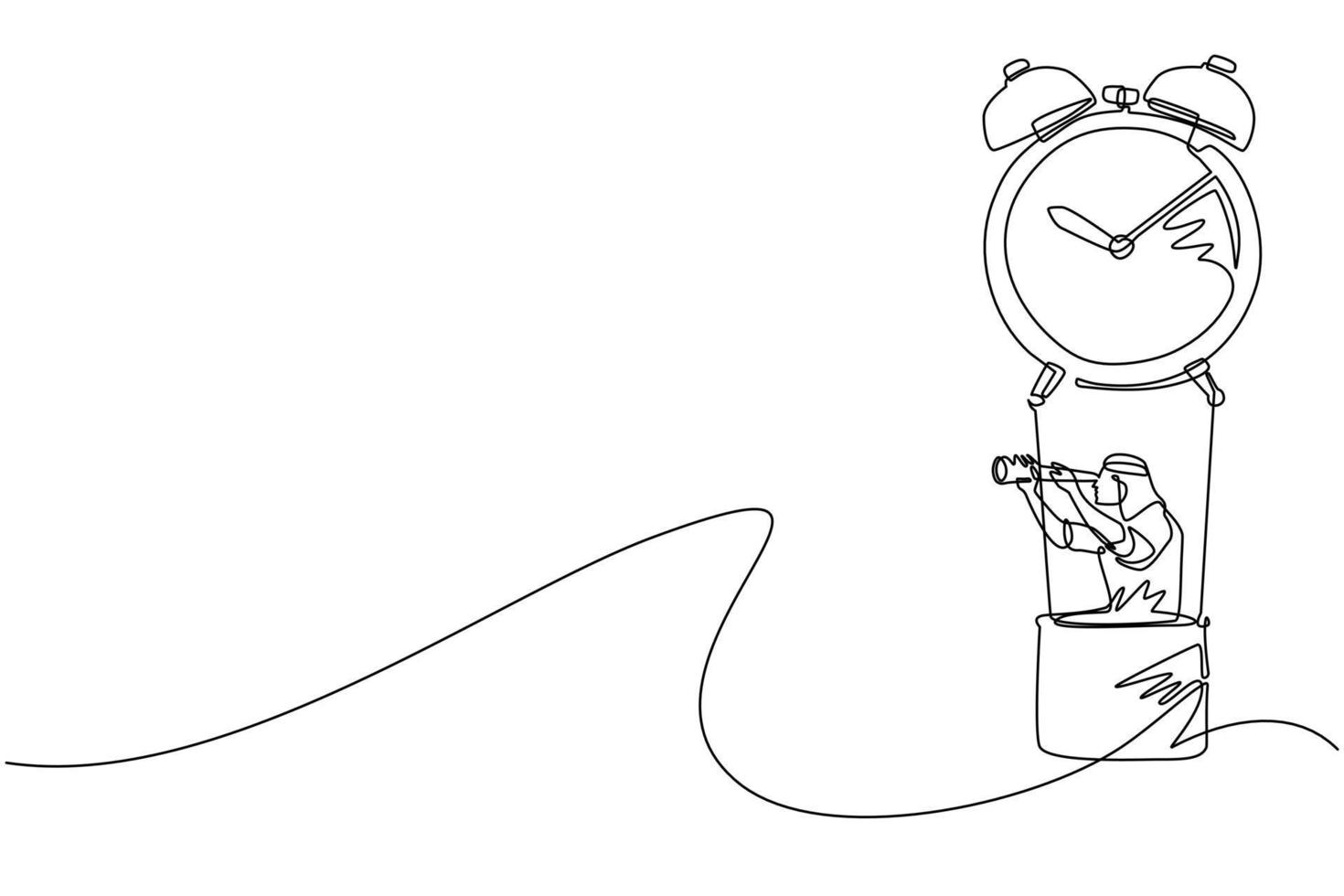 Continuous one line drawing Arabic businessman, manager or employee ride hot air balloon alarm clock and looking forward with telescope. Time management business travel. Single line draw design vector