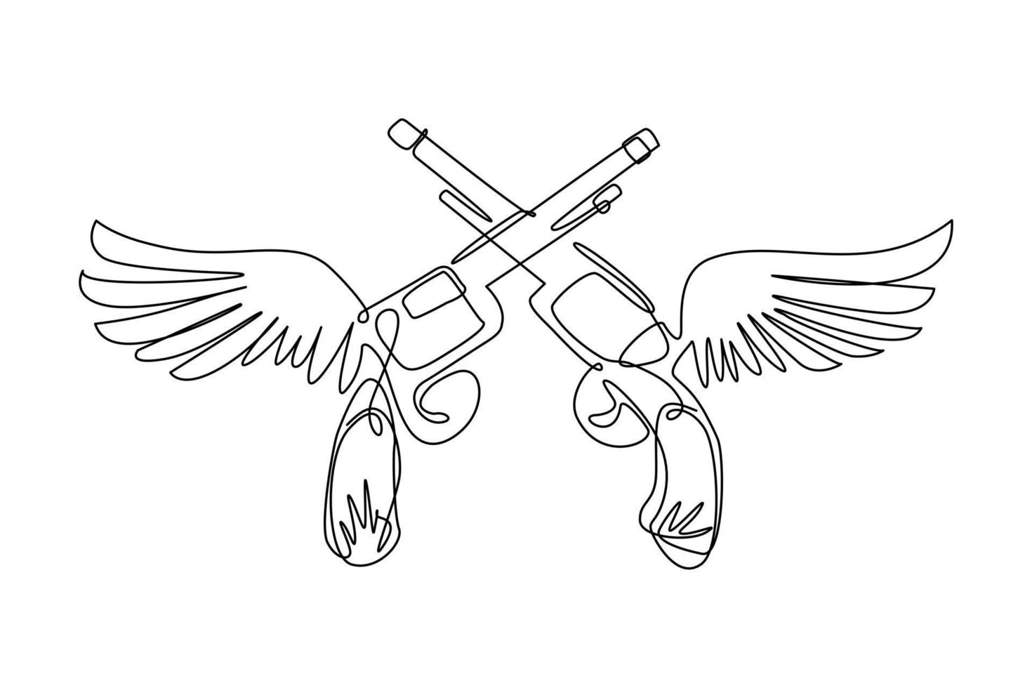 Single continuous line drawing two cowboy revolver guns with wings icon logo symbol. Winged two crossed pistol on white background isolated. Dynamic one line draw graphic design vector illustration