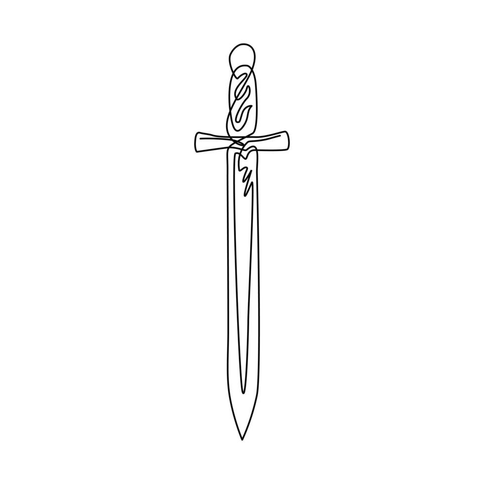 Single continuous line drawing sword icon, metal sword, European straight swords, Asia sword, realistic sword isolated. European straight swords. Daggers and knife. One line draw graphic design vector