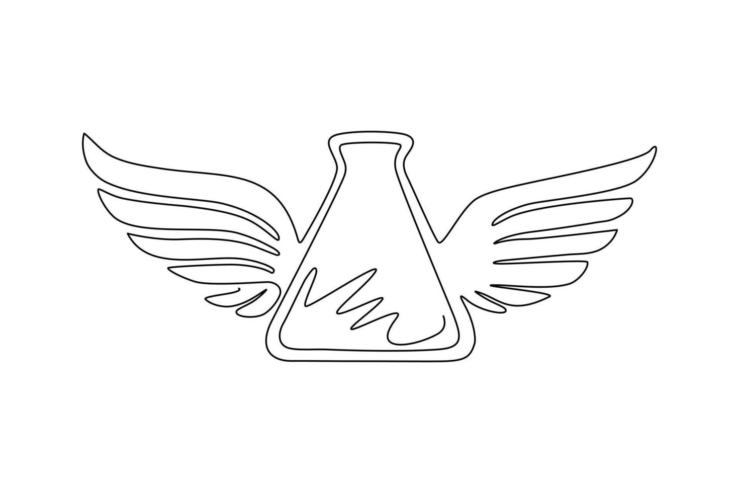 Continuous one line drawing flying test tube with wings. Winged science flask or beaker for medical healthcare. Chemical research laboratory logo. Single line draw design vector graphic illustration