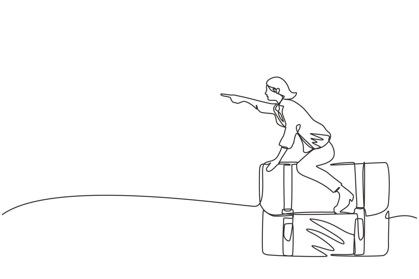 Single continuous line drawing active businesswoman flying on leather business briefcase. Leadership and attack. Business person move achieve success. One line draw graphic design vector illustration