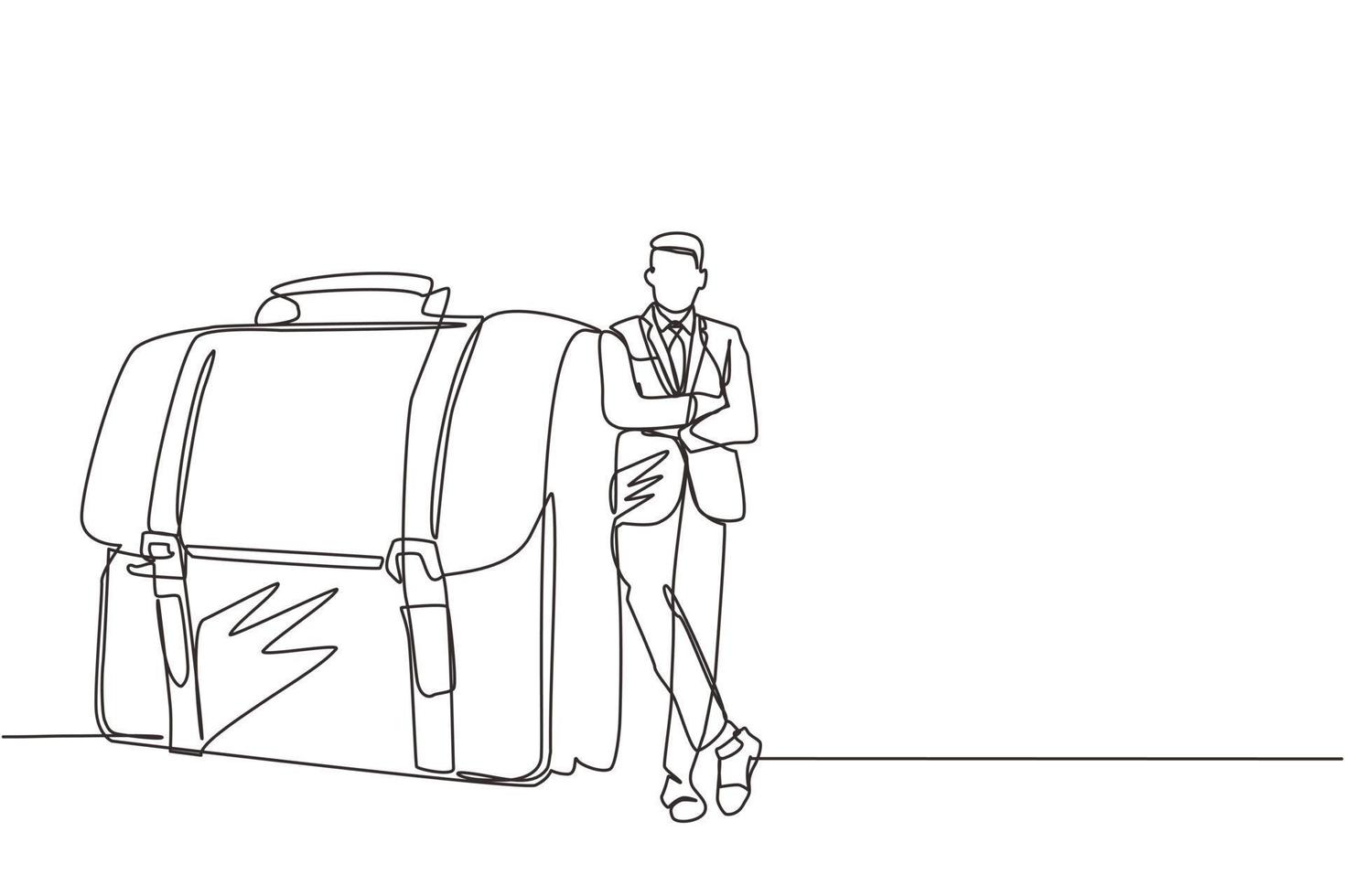 Single continuous line drawing modern confident male entrepreneur leaning on large briefcase. Happy businessman standing with elegance pose. Dynamic one line draw graphic design vector illustration