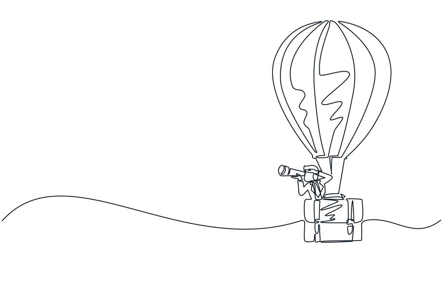 Single continuous line drawing businessman looking through telescope in hot air balloon briefcase. Man in suitcase balloon search to success. Business travel. One line draw design vector illustration
