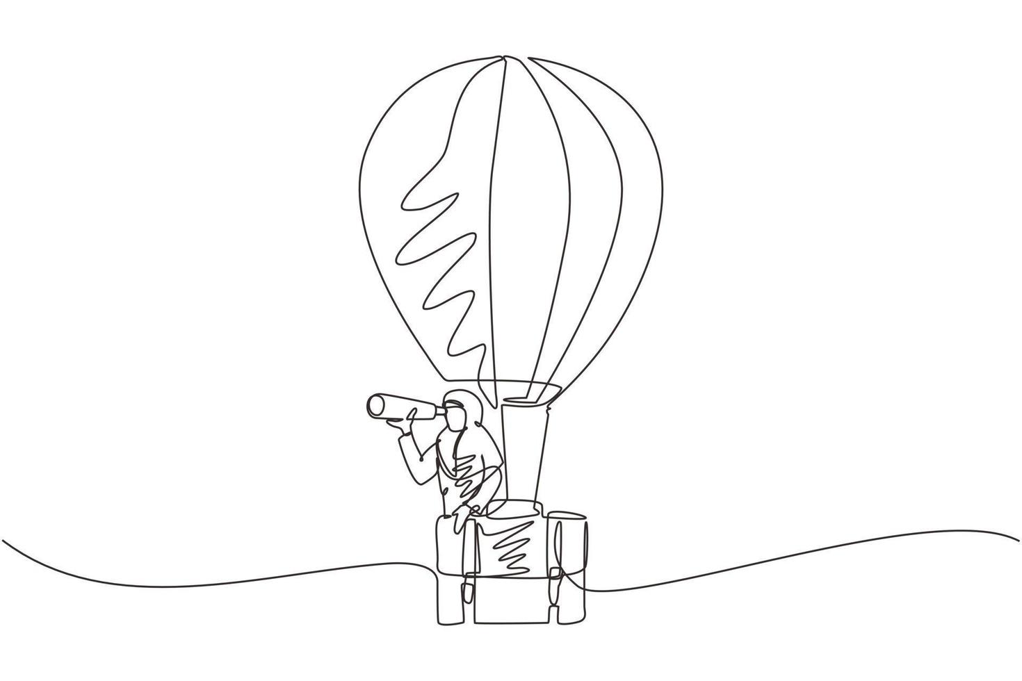 dibujo continuo de una línea mujer de negocios árabe mirando a través del telescopio en un maletín de globo aerostático. mujer en globo de maleta busca el éxito. viajes de negocios vector de diseño de dibujo de una sola línea