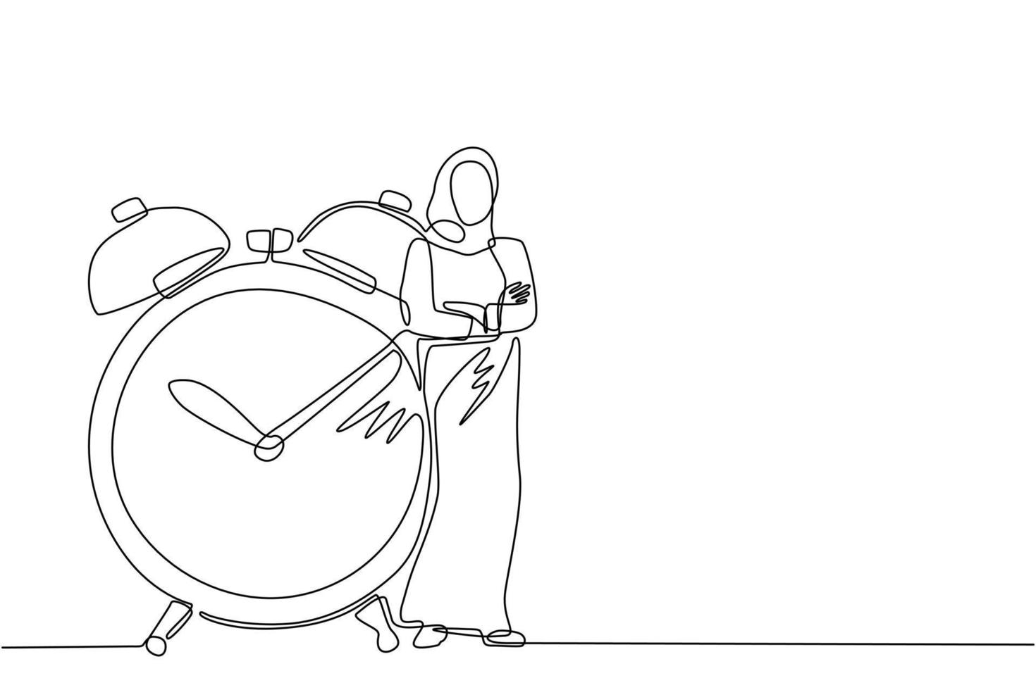 Single one line drawing Arab businesswoman, manager or employee stand leaning to big clock. Concept of time management. Time, watch, limited offer, deadline symbol. Continuous line draw design vector