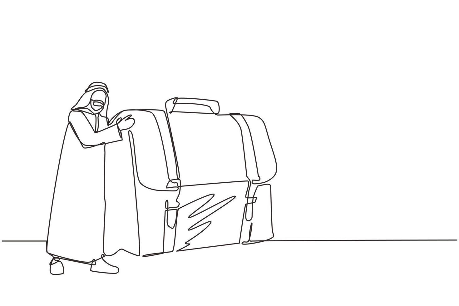 Single one line drawing joyful Arabian businessman hugs suitcase with money. Boss and case with cash. Successful business pleasure goal. Modern continuous line draw design graphic vector illustration