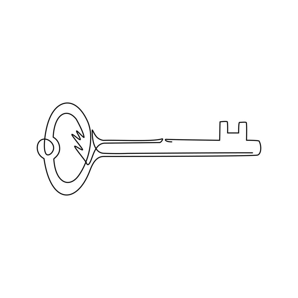 Single one line drawing vintage turnkey key isolated. Logo, sign symbolized kept secret. Personal data protection, antivirus internet security. Continuous line draw design graphic vector illustration