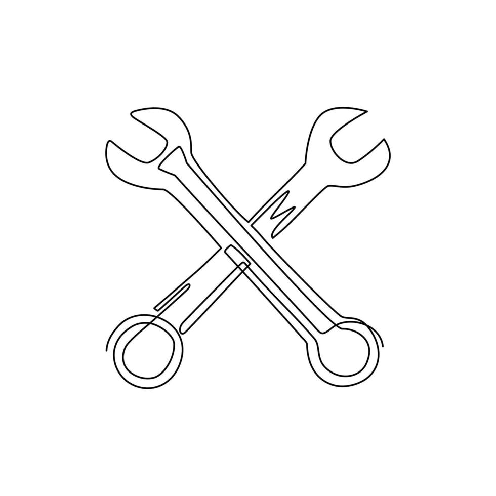 Single one line drawing repair icon. Two crossed wrenches. Auto mechanic car repair shop logo with wings. Fast car service, vehicle maintenance. Continuous line draw design graphic vector illustration