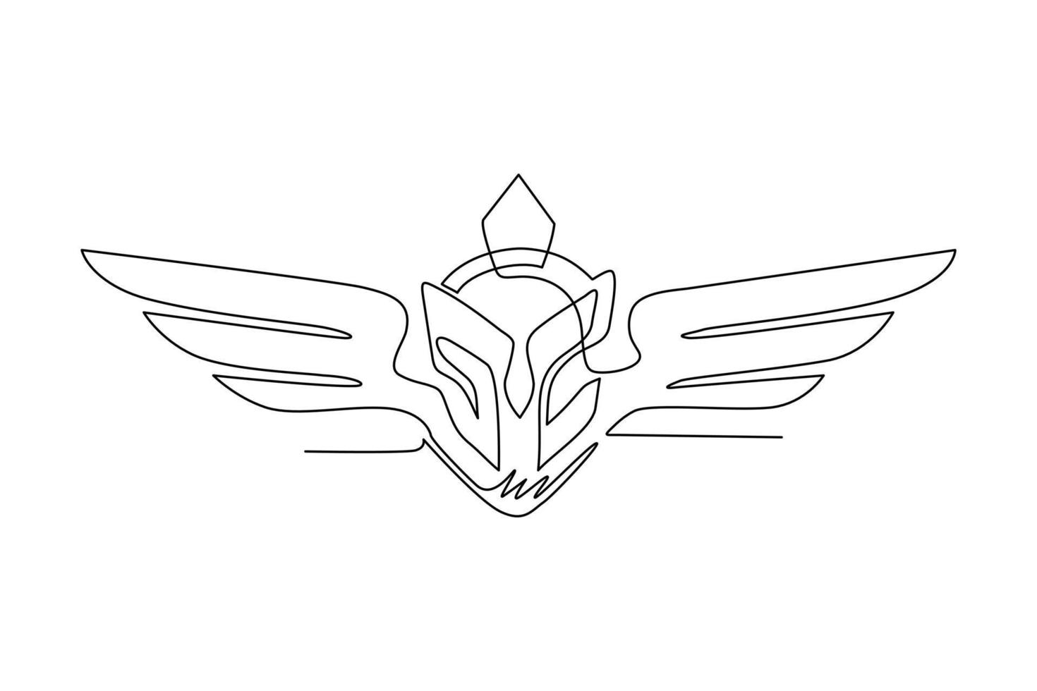 Single continuous line drawing spartan helmet with wings. Spartan warrior with wings logo, spartan angel. Warrior symbol flat icon isolated. Dynamic one line draw graphic design vector illustration