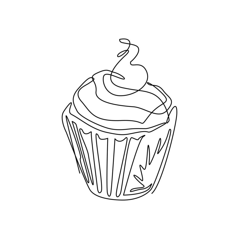 Continuous one line drawing cupcake with cream and cherry logo. Hand drawing art dessert theme with muffin and red cherry for logo isolated. Minimalistic poster. Single line draw design vector graphic