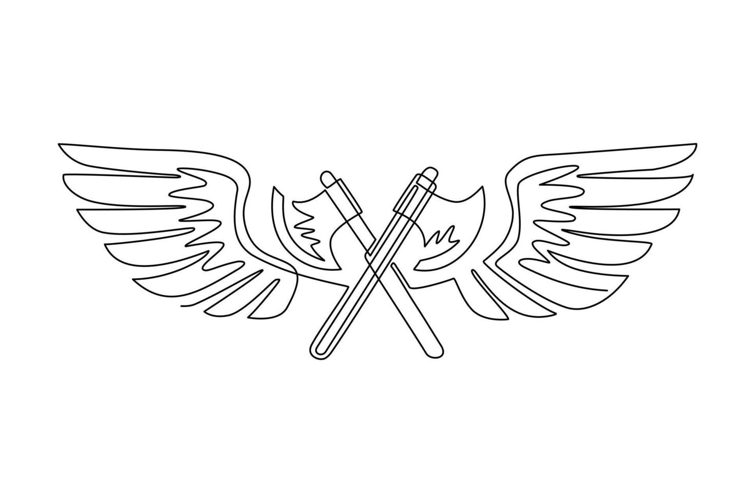 Single one line drawing two crossed axes fly with wings. Equipment for lumberjack or firefighter. Winged two crossed axes logo with elegant outspread wings for logo. Continuous line draw design vector