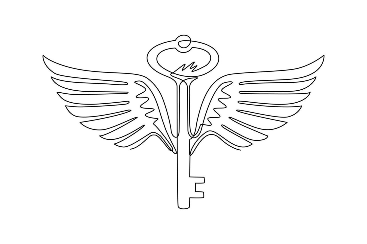 Single one line drawing winged vintage turnkey key isolated. Logo or sign symbolized kept secret. Personal data protection, antivirus internet security. Continuous line draw design vector illustration