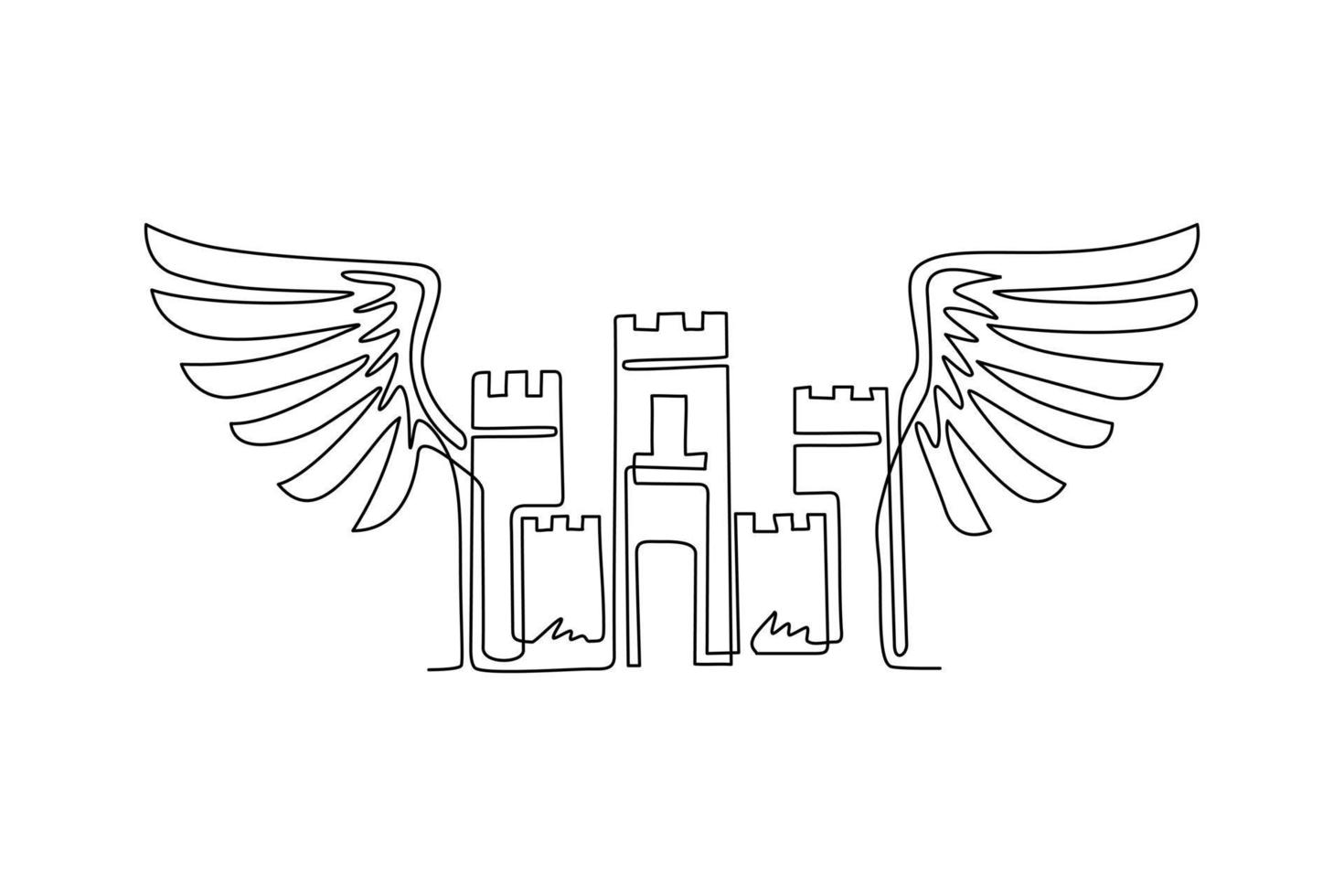 emblema de castillo antiguo de dibujo de una sola línea con alas. logotipo decorativo del escudo de armas heráldico aislado. logotipo adornado en estilo antiguo sobre fondo blanco. vector gráfico de diseño de dibujo de línea continua