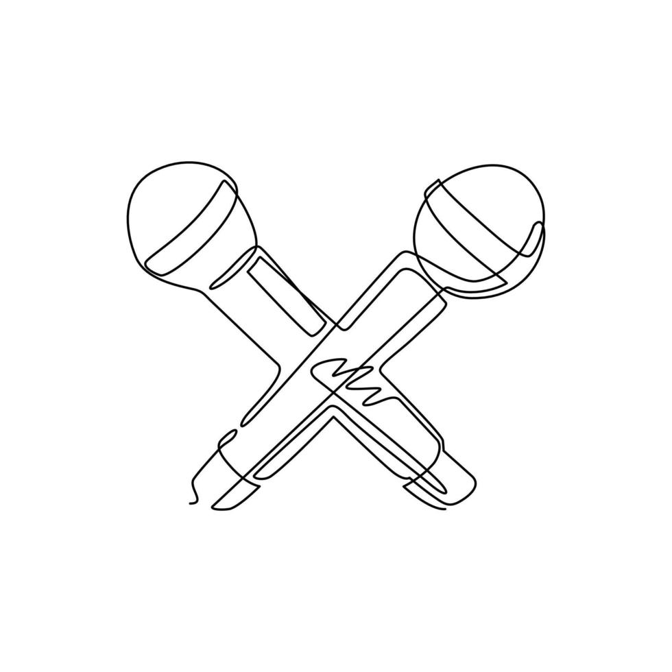 Single continuous line drawing two microphones crossed logo. Social media influence, broadcasting concept. Karaoke party, rap battle, audio equipment. One line draw graphic design vector illustration