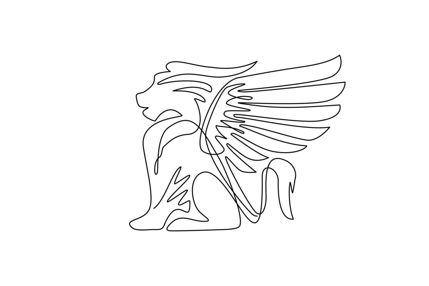 Single one line drawing winged lion logos, fantasy creatures, fantasy beasts, mythical creatures, griffin, premium business template. Modern continuous line draw design graphic vector illustration