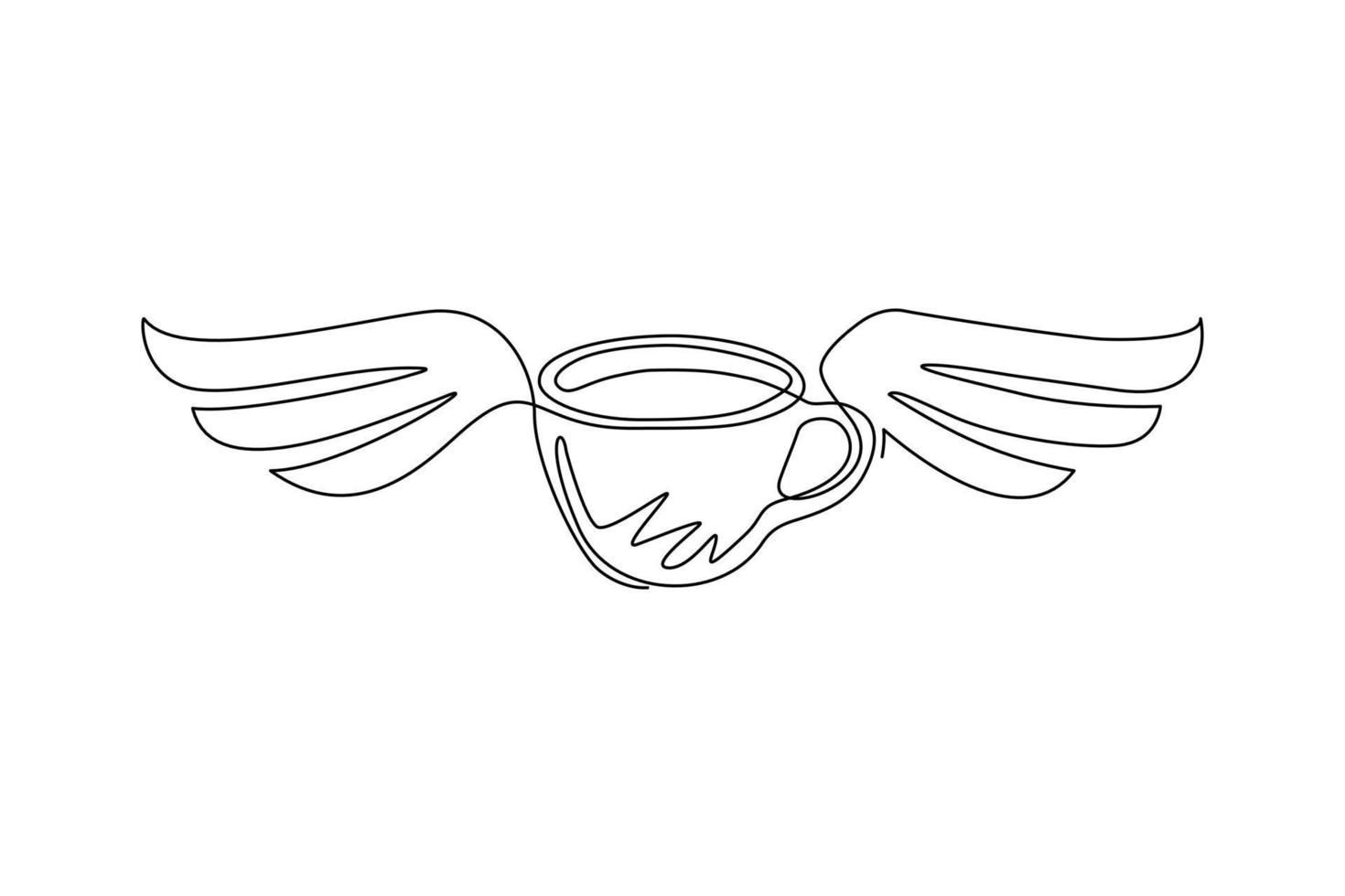 Single one line drawing cup of coffee with wings. Idea for advertising coffee drinks, business card, branding and corporate identity. Modern continuous line draw design graphic vector illustration