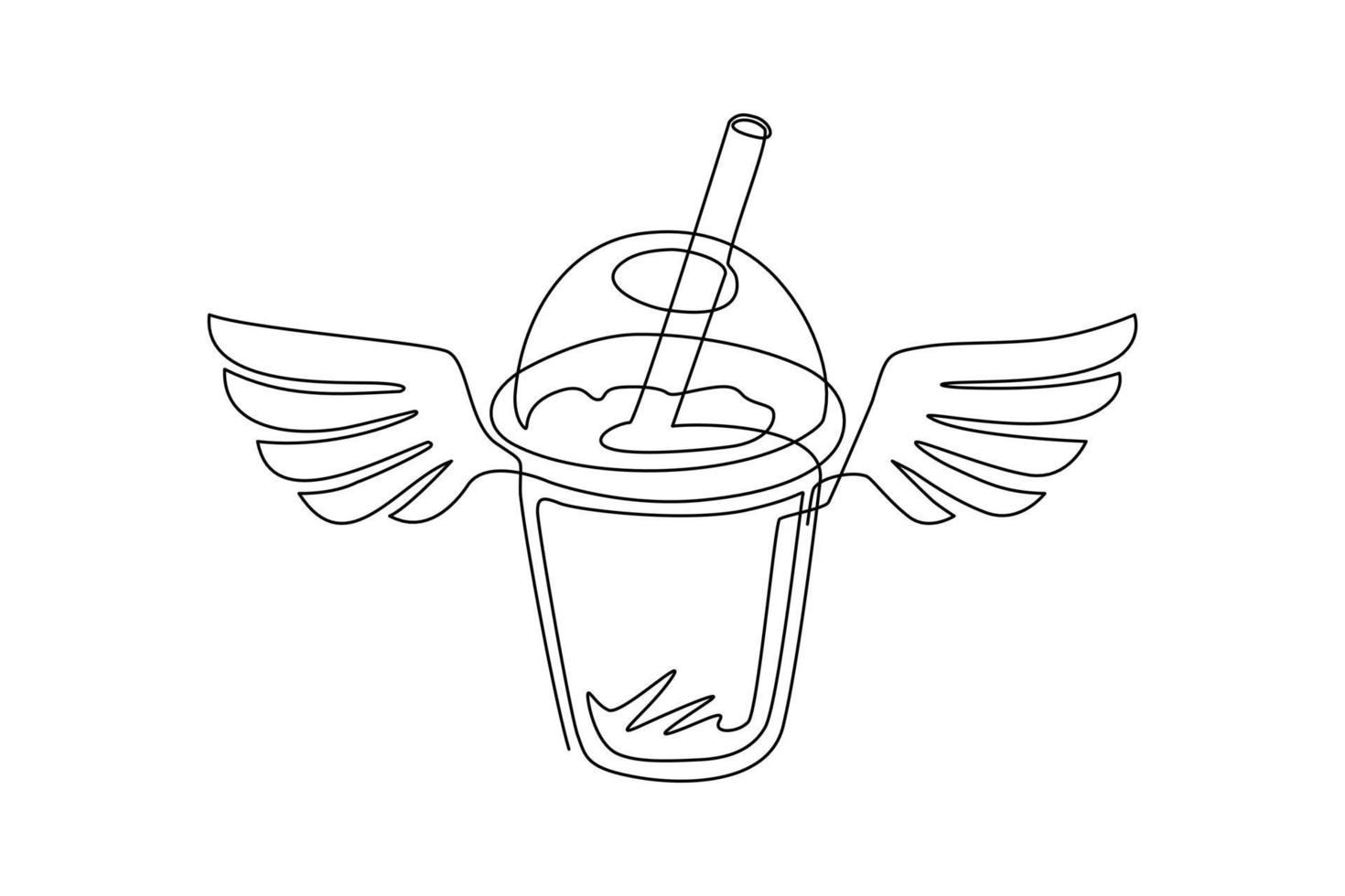 Single one line drawing bubble boba tea drink with wings. Food in doodle cartoon linear style. For flyer, sticker, card, logo, icon, print, poster. Modern continuous line draw design graphic vector