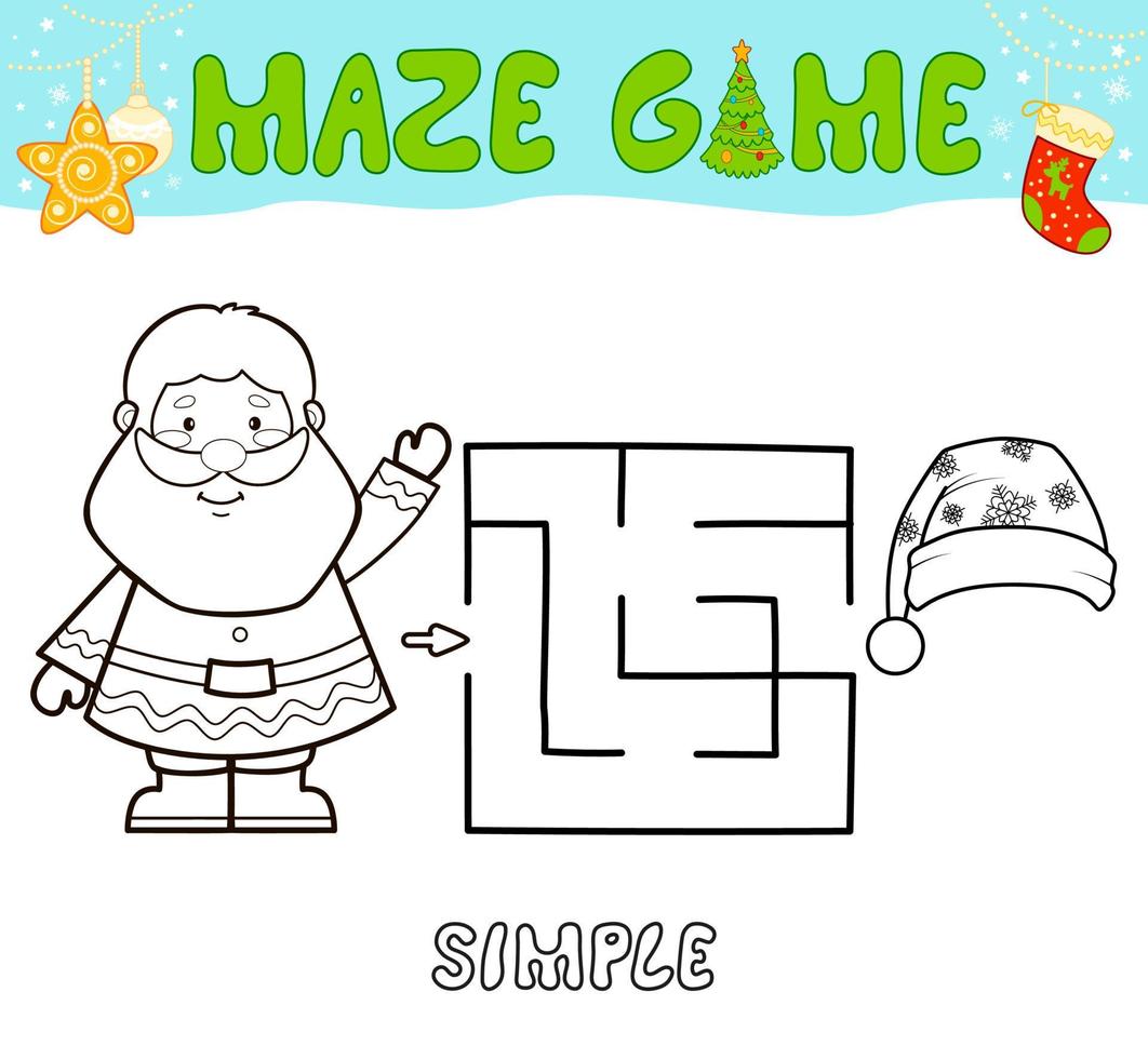 Christmas Maze puzzle game for children. Simple outline maze or labyrinth game with christmas Santa claus. vector