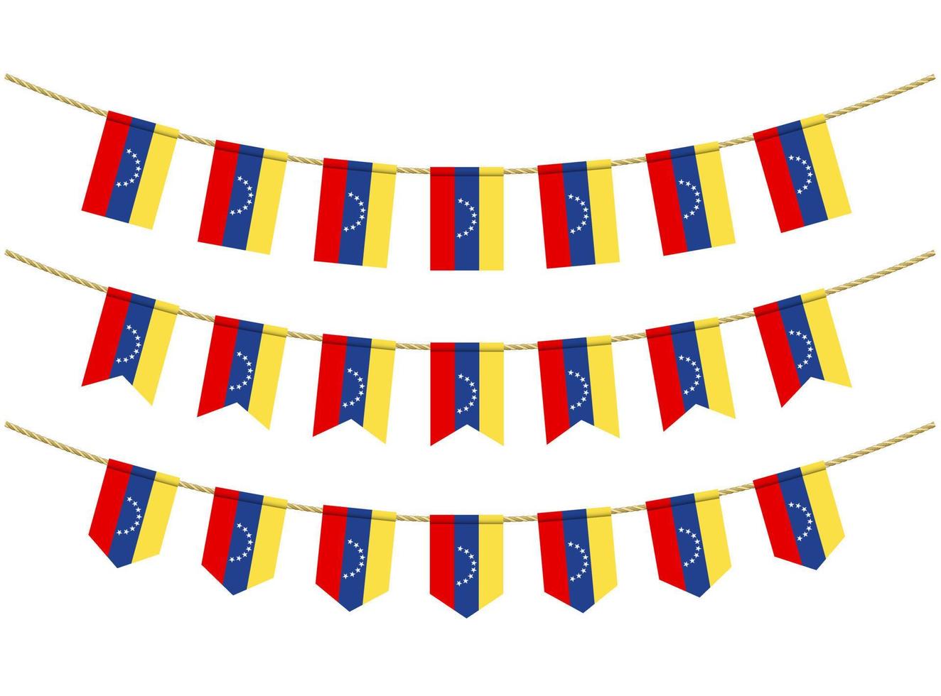 Venezuela flag on the ropes on white background. Set of Patriotic bunting flags. Bunting decoration of Venezuela flag vector