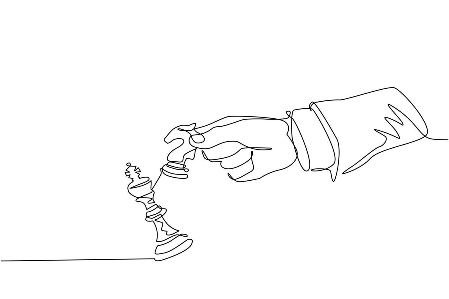 Single continuous line drawing man hand holding chess horse knight. Male use horse knight chess piece to crash opposite team king figure. Checkmate. Win in chess game. One line draw design vector