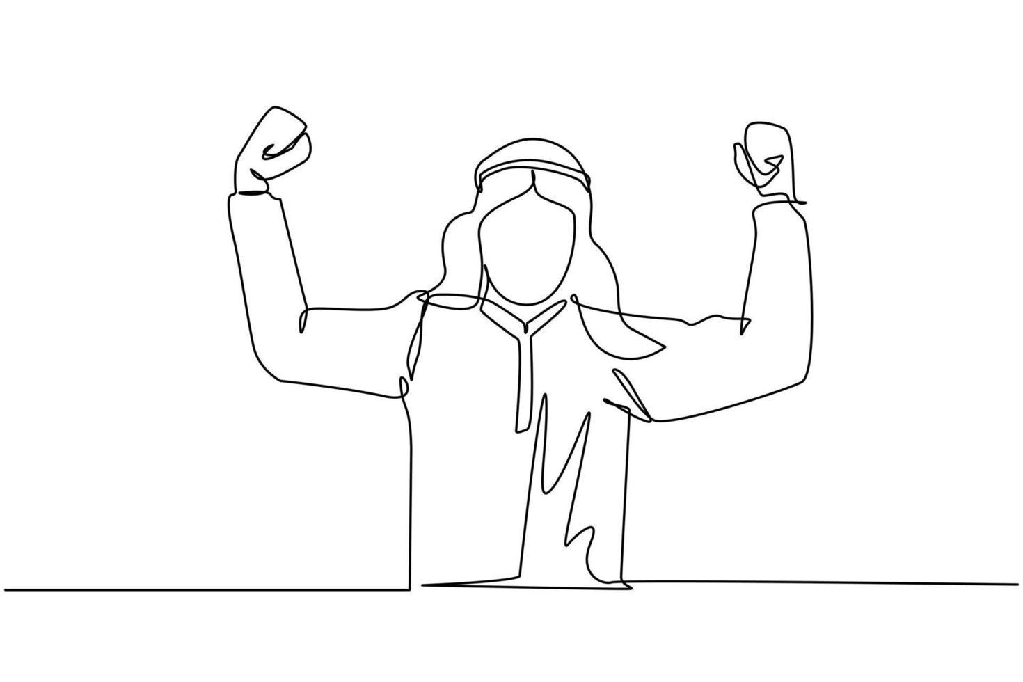 dibujo de una sola línea feliz empleado árabe de la empresa se encuentra en una pose fuerte. hombre de negocios hace gestos con la mano. empleado de oficina. concepto de logro. ilustración de vector de diseño de dibujo de línea continua