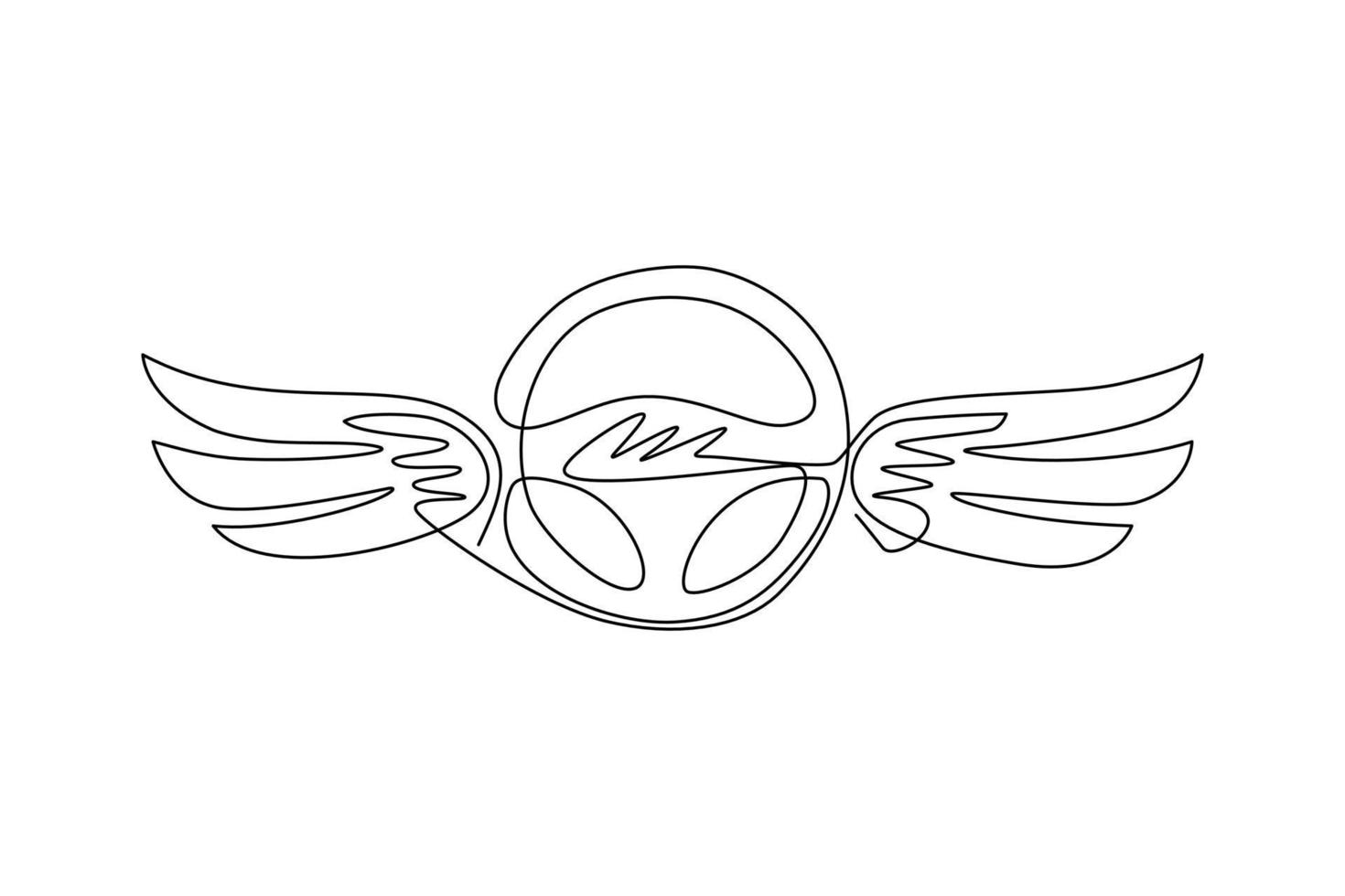 Continuous one line drawing steering wheel with wings. Driving school logo or symbol. Design flat element for emblem, sticker, badge, label, icon. Single line draw design vector graphic illustration