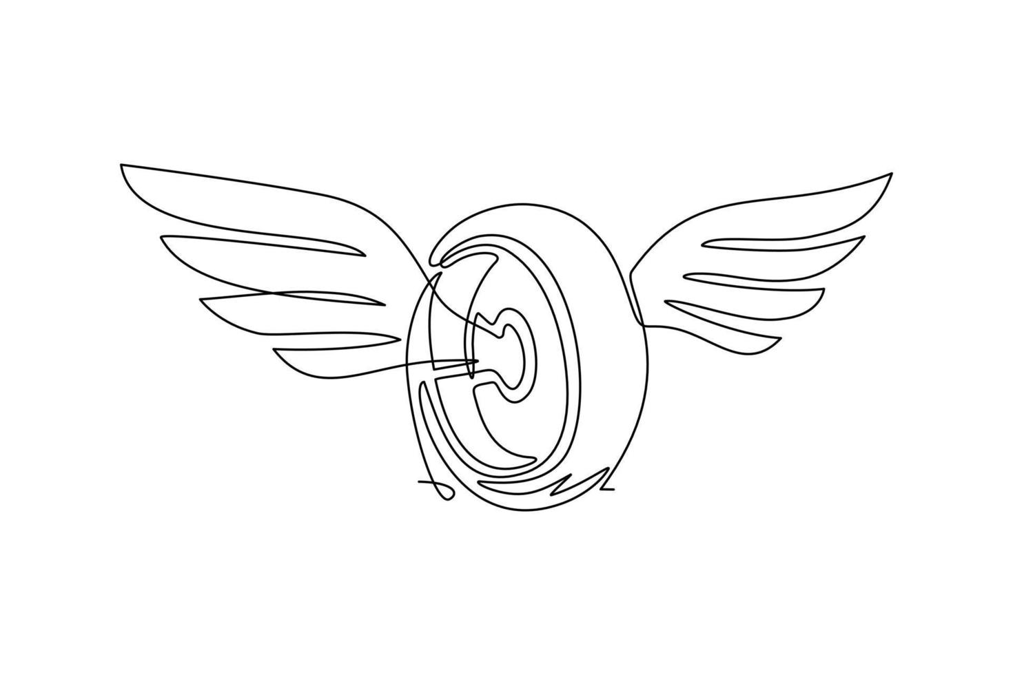 Single one line drawing wheel with wings. Winged car tires isolated. Design flat element for logo, label, emblem, sign, badge, t-shirt, poster. Modern continuous line draw graphic vector illustration