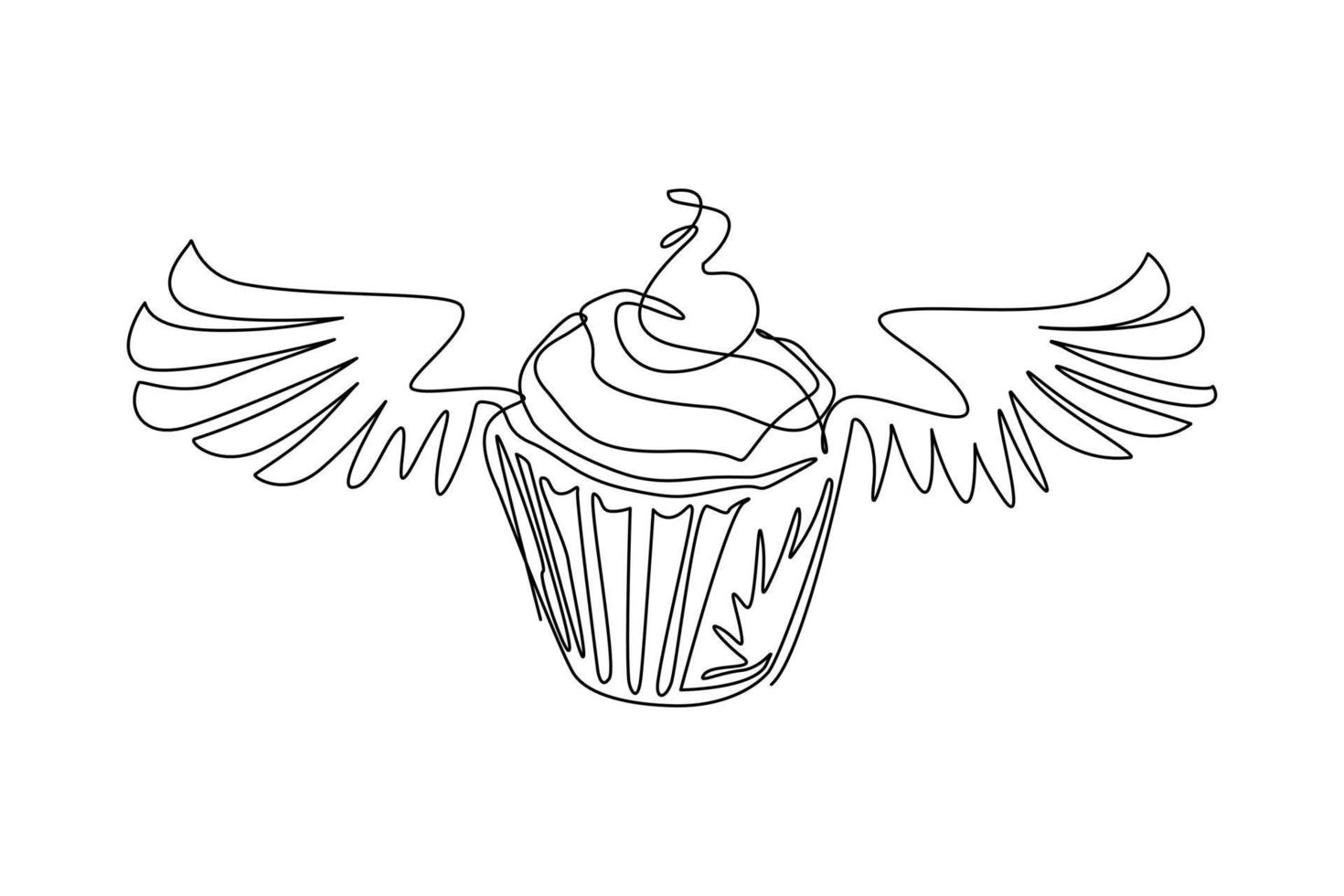 dibujo de una sola línea continua delicioso cupcake con símbolo de icono de alas aislado. logotipo de cupcake mínimo alado. logotipo de mascota linda de panadería. Ilustración de vector de diseño gráfico de dibujo de una línea dinámica