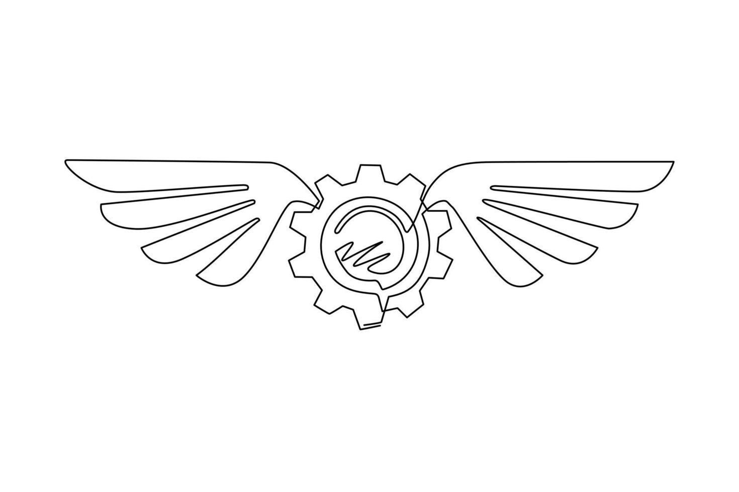 Single continuous line drawing winged gear silver logo. Metal gear with wings. Brass round banner with metal wings, brass gears on striped steampunk. One line draw graphic design vector illustration