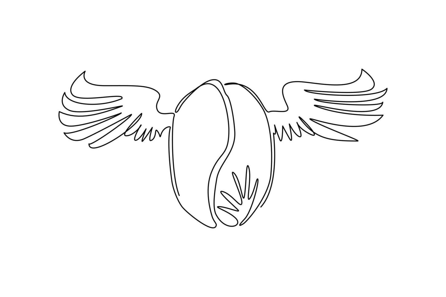 Single one line drawing coffee bean wings logo with bean and wings symbol icon design for coffee shop, coffee brand in minimalist style. Modern continuous line draw design graphic vector illustration