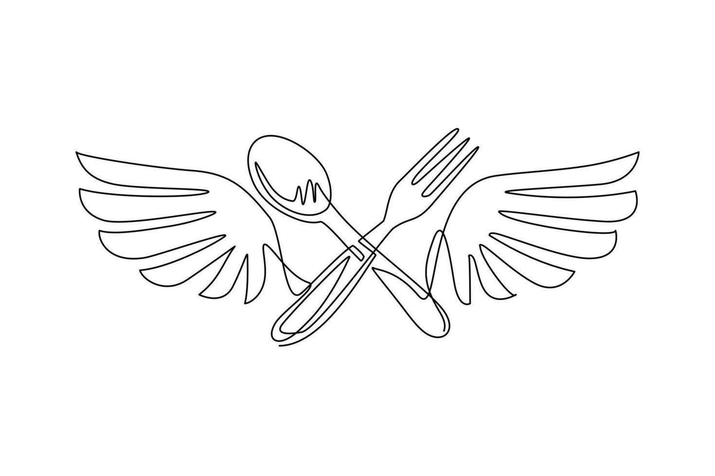 Cuchara de tenedor de dibujo de una sola línea con icono del logotipo de alas. entrega de comida deliciosa, negocio de catering, símbolo de área de comida rápida plano aislado. ilustración de vector gráfico de diseño de dibujo de línea continua moderna