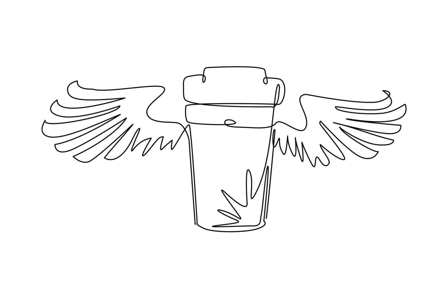 Single continuous line drawing take-out flying coffee cup with wings. disposable cardboard cup of coffee. Paper container icon. Fast food, lunch delivery program. One line draw graphic design vector