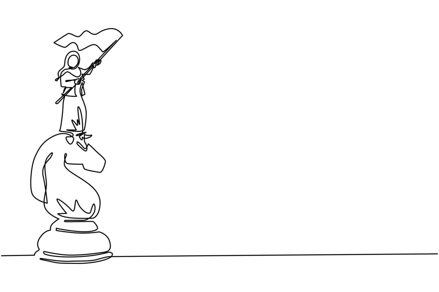 una línea continua dibujando a una mujer de negocios árabe parada encima de un gran caballo de ajedrez y ondeando una bandera. objetivo de logro empresarial, concepto de metáfora. ilustración de vector de diseño de dibujo de una sola línea