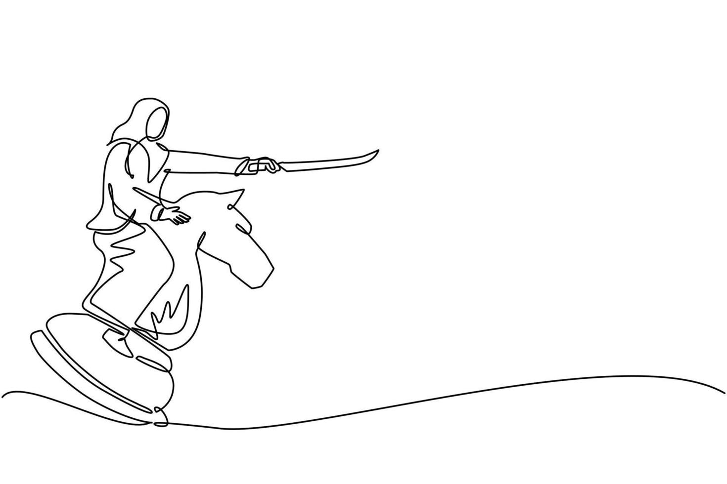 Single continuous line drawing Arab businesswoman riding big chess horse knight with sword. Strategy, business, competition, achievement goal concept. One line draw graphic design vector illustration
