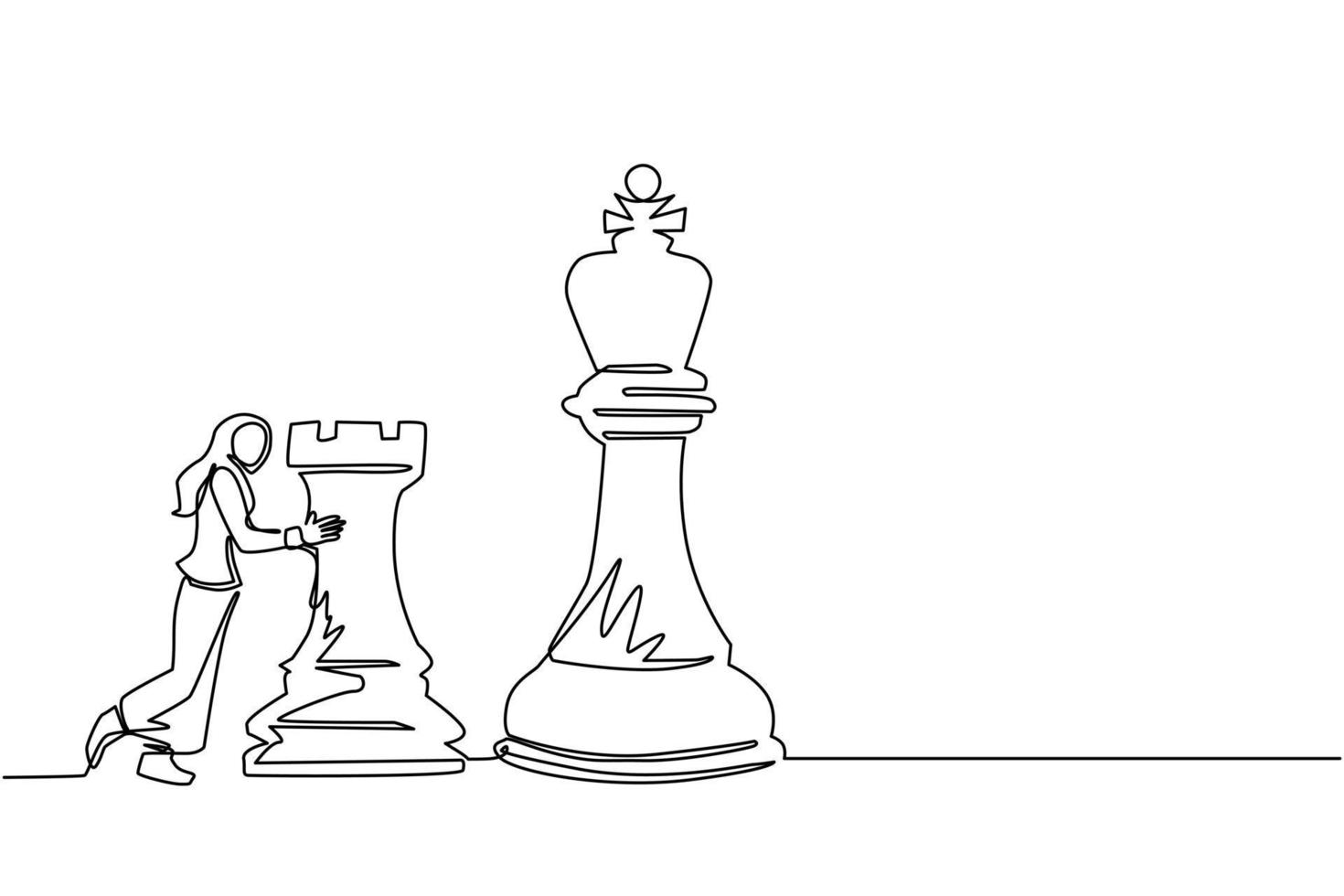 Single one line drawing Arab businesswoman push huge rook chess piece. Business strategy and marketing plan. Strategic move in business concept. Continuous line draw design graphic vector illustration