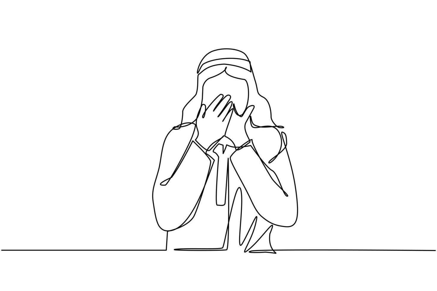 Single one line drawing young Arab man covering mouth with hands. Male mouth with hand shocked with shame for mistake, expression of fear, scared in silence, secret. Continuous line draw design vector